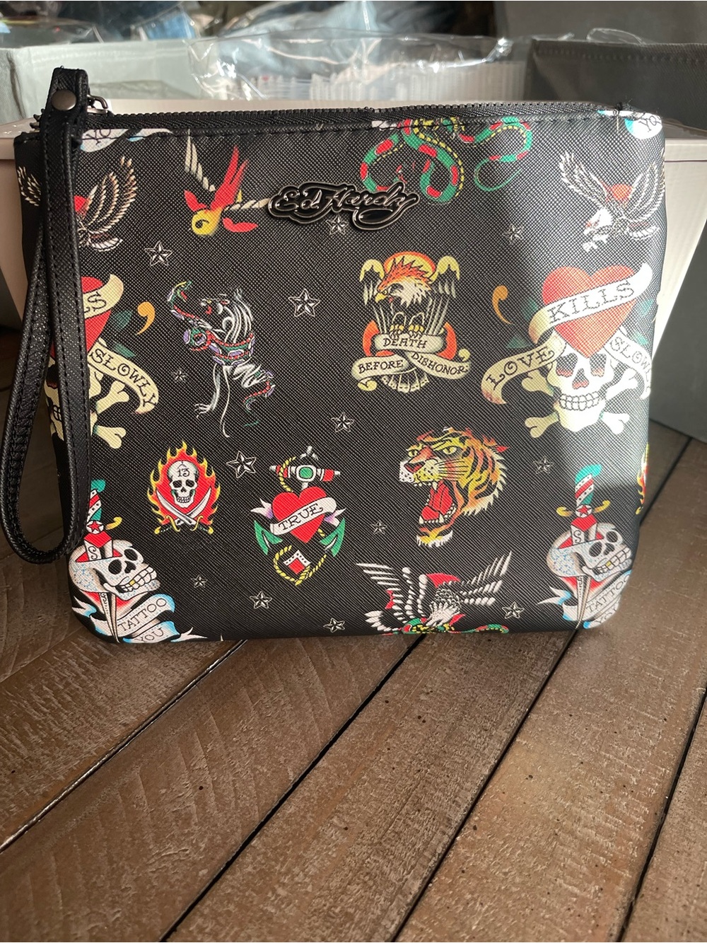 Ed Hardy Black Tattoo-Print Wristlet Pouch with Multicolor Motifs